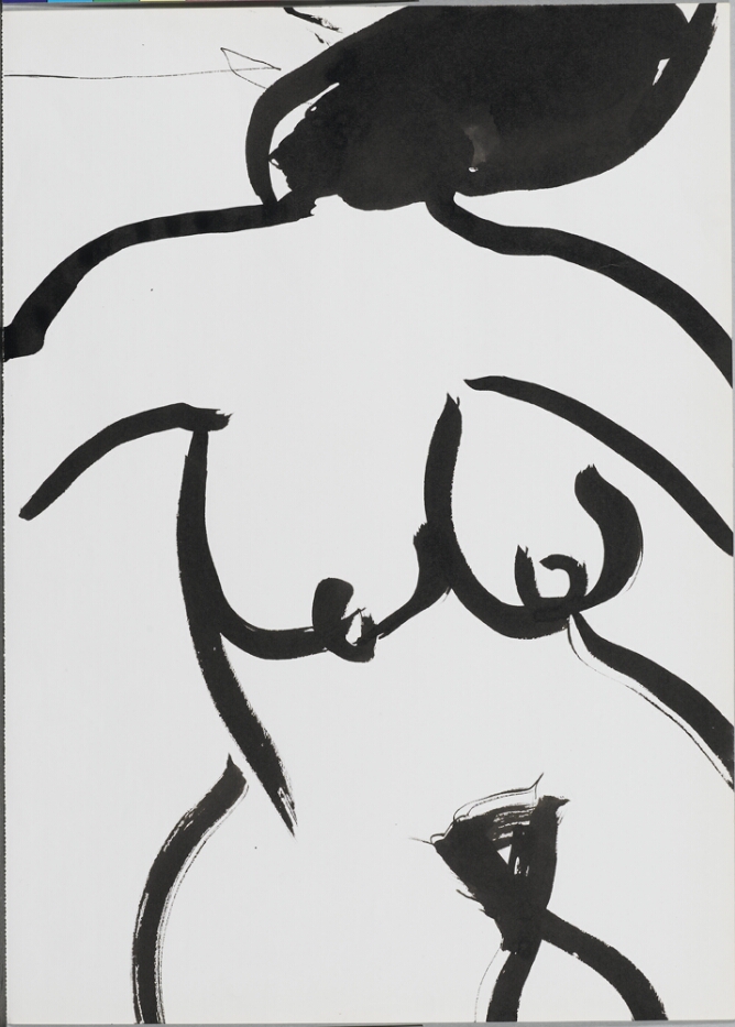 A gestural black and white, abstract drawing of a partial view of a nude female, shown from the thighs up, with the head blackened out