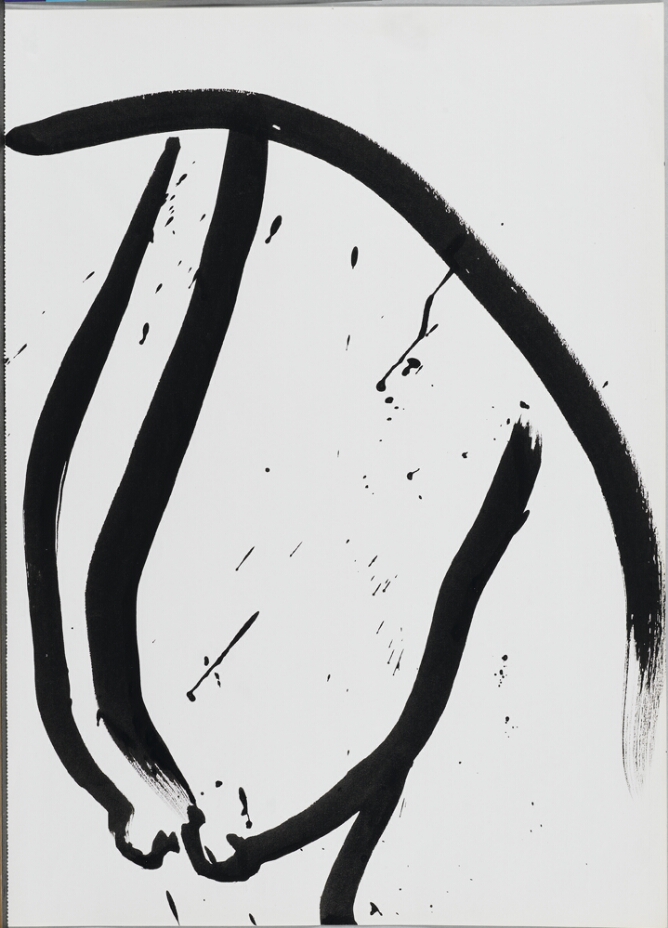 A gestural black and white, abstract drawing of elongated breasts shown from the side, with splatters