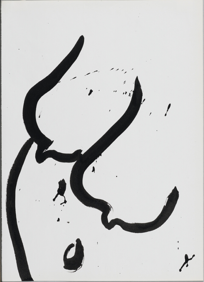 A gestural black and white, abstract drawing of breasts and a stomach, with splatters