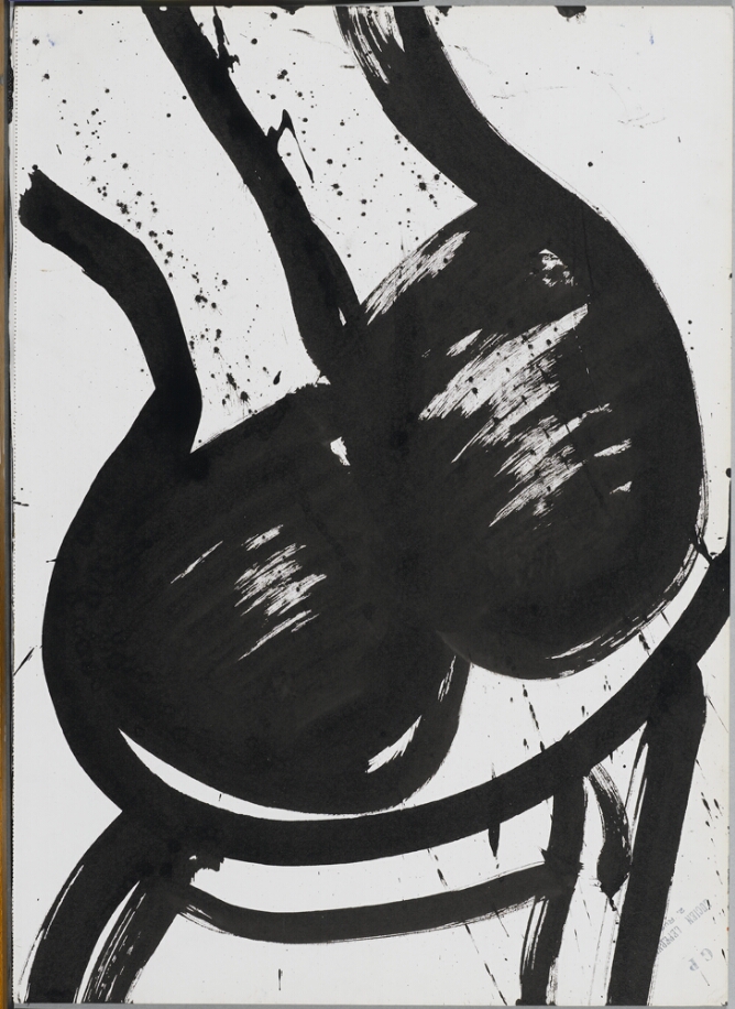 A gestural black and white, abstract drawing of two cylindrical forms with blackened bulges, with drips and splatters