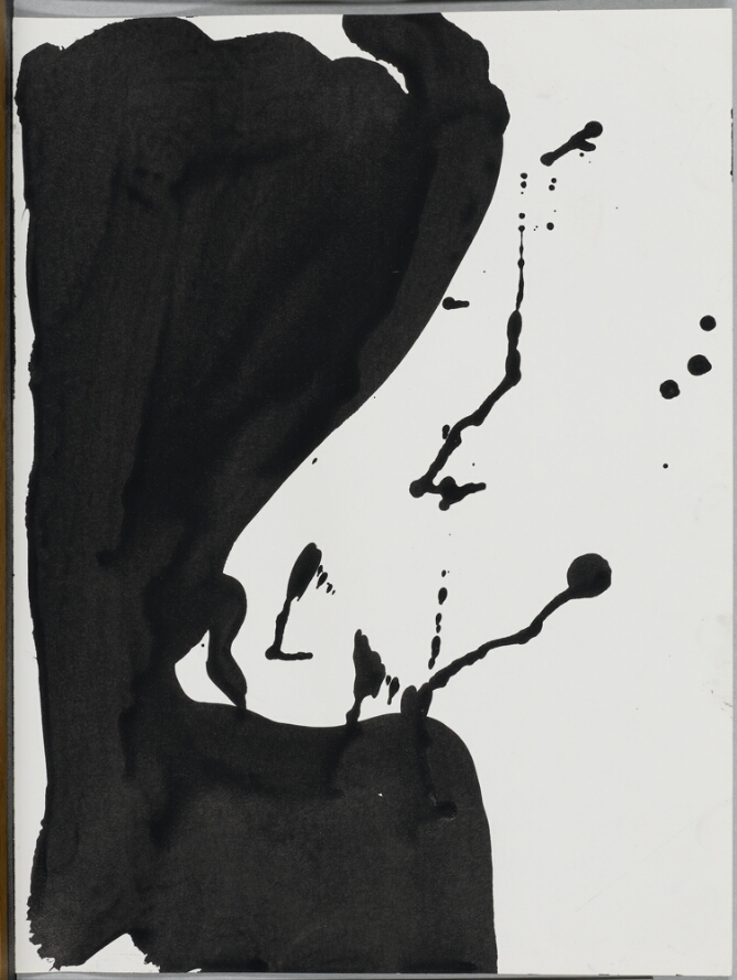 An abstract drawing of a silhouette of a white breast with drips and splatters against a black background