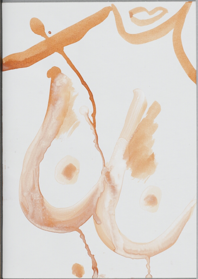 A gestural abstract drawing of a nude female's chest in orange translucent lines, with drips