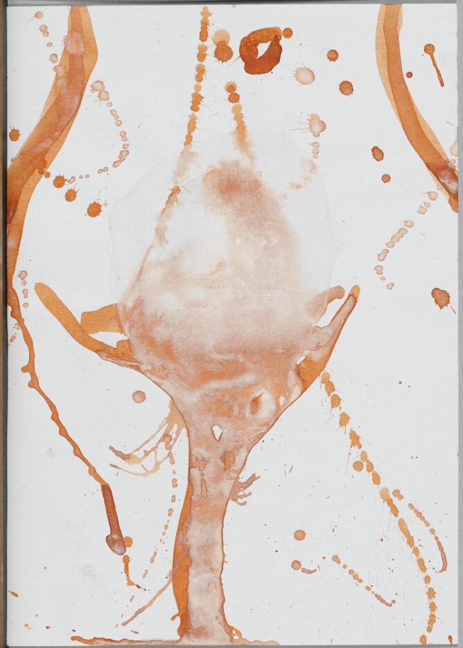 A gestural abstract drawing of a nude figure's lower torso in orange translucent lines, featuring a cloudy texture at the groin, with drips and splatters