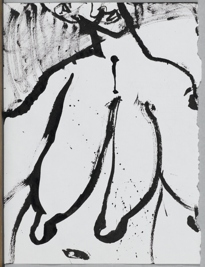 A gestural black and white, abstract drawing of a nude female's torso with elongated breasts