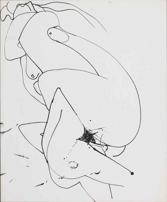 A gestural black and white, abstract drawing of two nude bodies intertwined with intensity