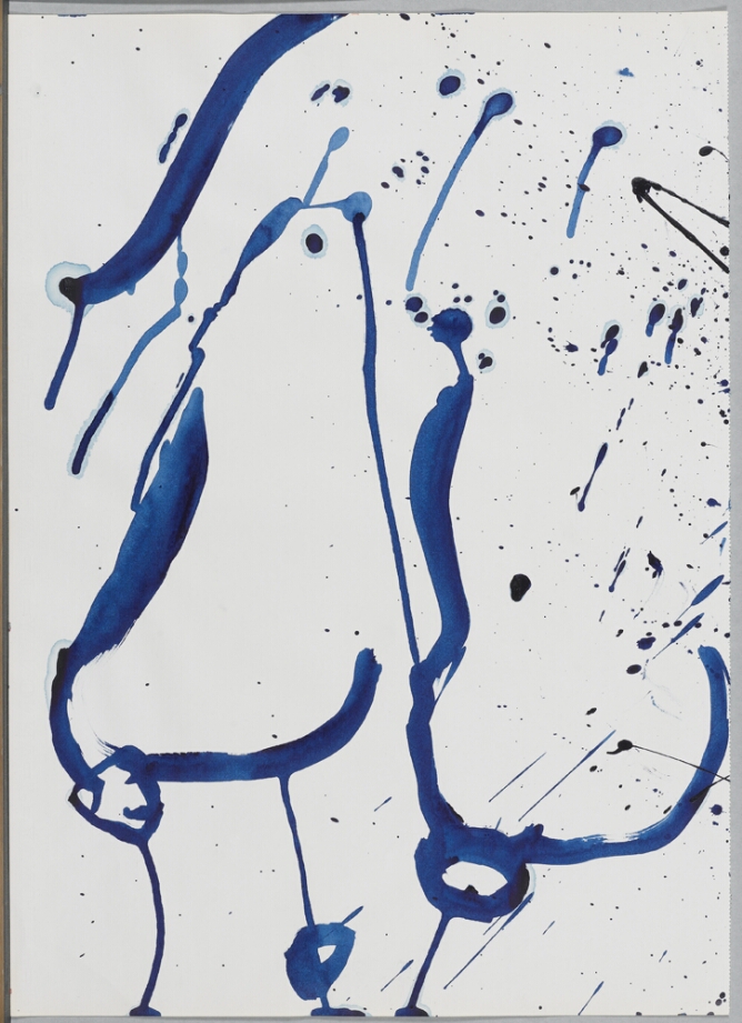 A gestural, abstract drawing of breasts and a belly button in blue, with drips and splatters