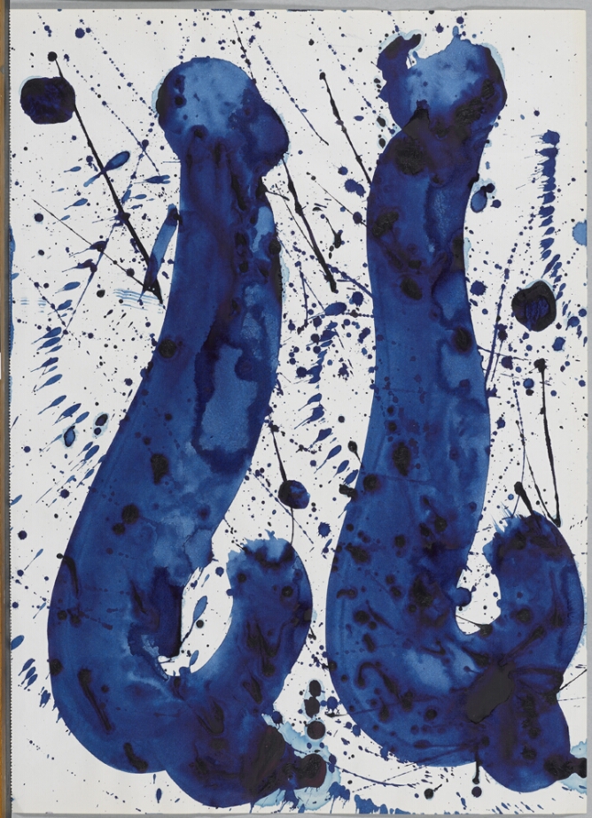 A gestural, abstract drawing of elongated hook-shaped breasts in blue, layered over drips and splatters
