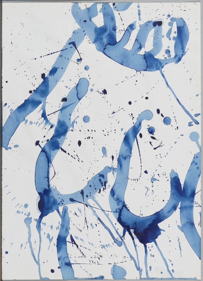 A gestural, abstract drawing of a nude female body shown from the waist up in translucent blue lines, layered over drips and splatters