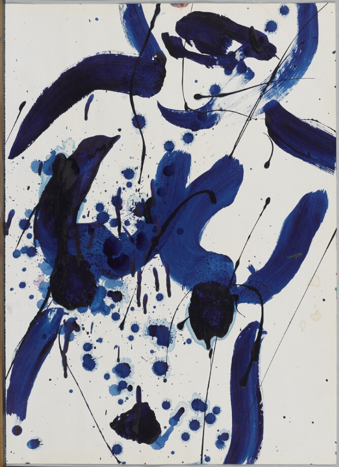 A gestural, abstract drawing of a nude female's torso in thick, translucent blue lines, layered over drips and splatters