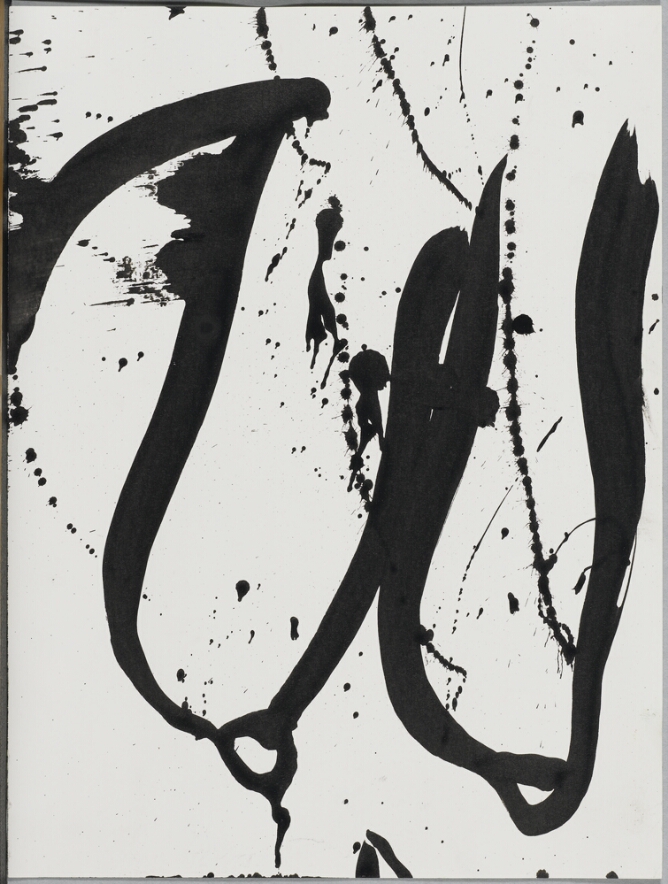 A gestural black and white, abstract drawing of elongated breasts, with drips and splatters