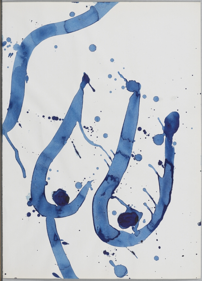 A gestural, abstract drawing of a partial view of a nude female's torso in transparent blue lines, with drips and splatters