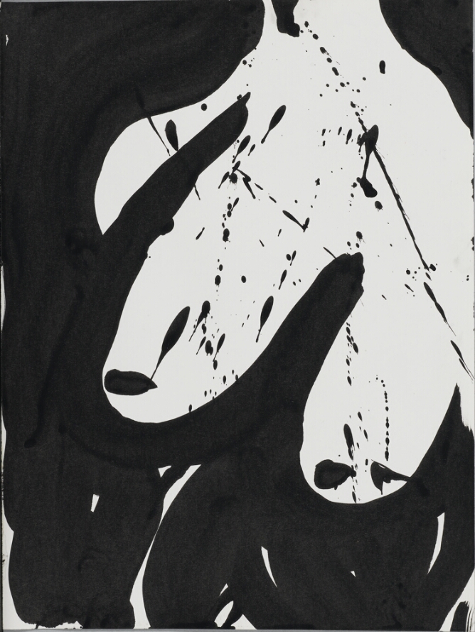 A gestural, abstract drawing of elongated breasts and shoulders with drips and splatters against a black background