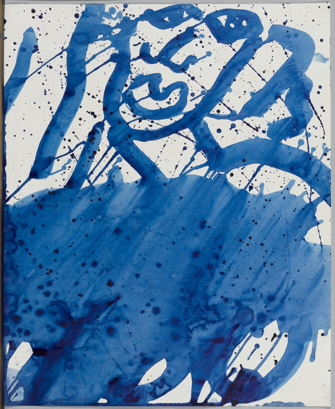 A gestural, abstract drawing of a nude woman, shown from the chest up, with a wash of blue covering most of her breasts, layered over drips and splatters