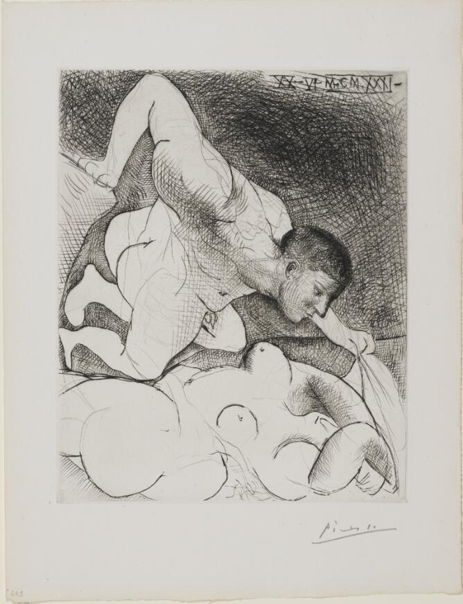 Suite Vollard, 1939, Paris: Man Unveiling a Woman