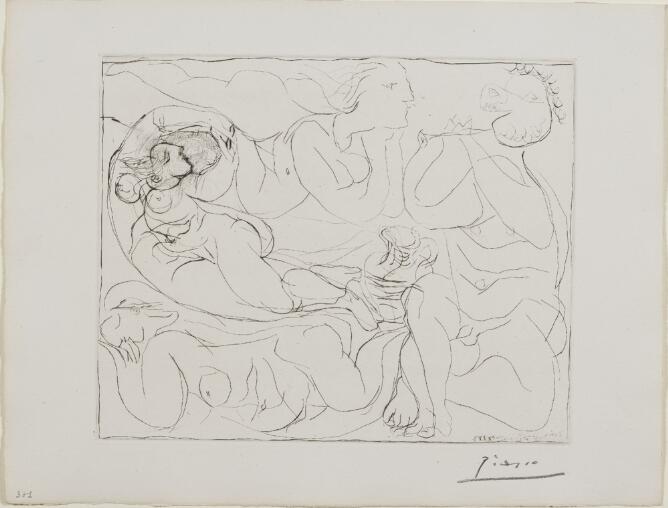 Suite Vollard, 1939, Paris: Flutist and Three Nudes (Three Nudes and a Satyr Playing the Flute)