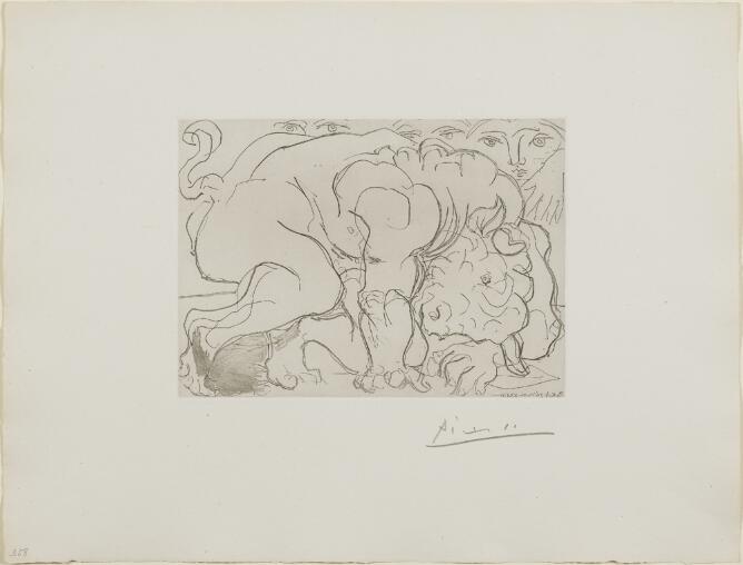 A black and white print of a minotaur, a mythological creature with the head of a bull and body of a man, fallen to the ground, with eyes watching