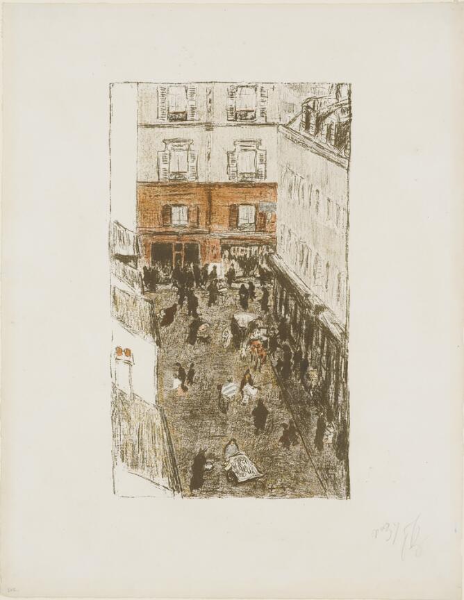 A color print shows a bird's eye view of figures on a street corner
