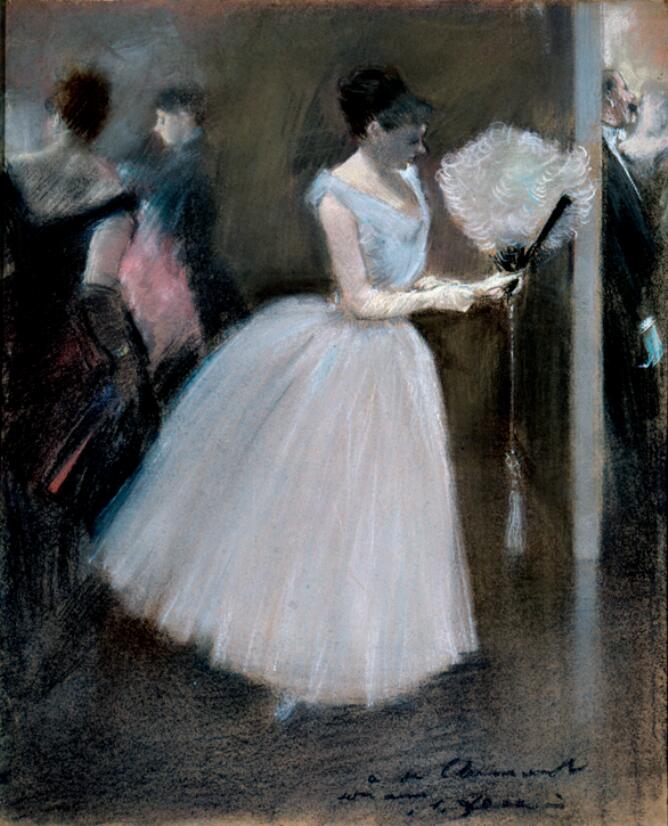 At the Evening Party: Woman in White with a Fan