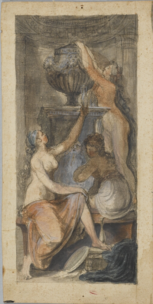 A mixed media drawing of a standing nude woman reaching into an urn, while two partially nude women sit by her, with one extending a vessel towards her