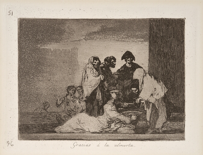 A black and white print of a group of emaciated figures, huddled for food