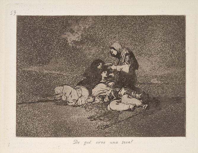 A black and white print of a kneeling figure holding a cup before another figure and other slumped figures