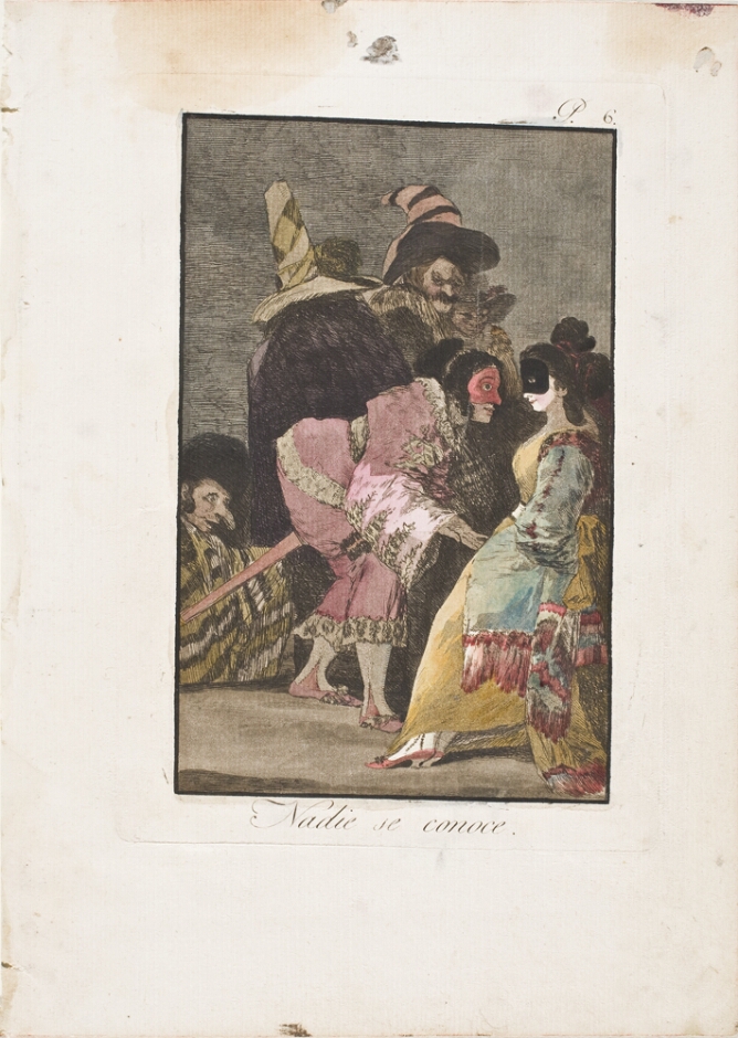 A color print of a masked figure bowing before a seated masked woman, with figures behind them
