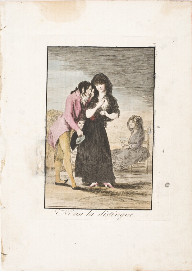 A color print of a man using his monocle to see the woman standing next to him, while figures watch from behind