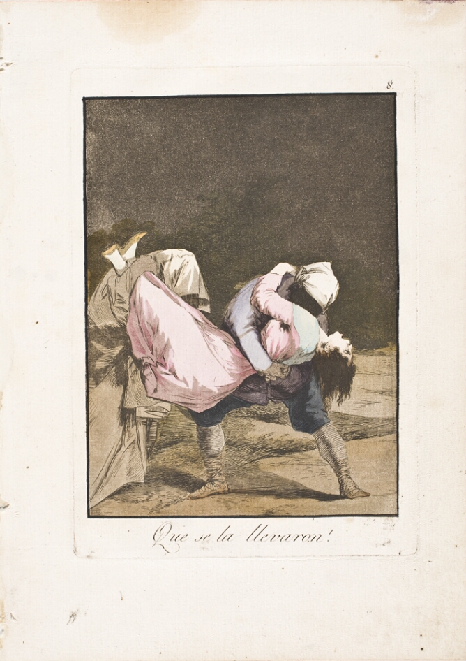 A color print of two hooded figures forcefully carrying a woman