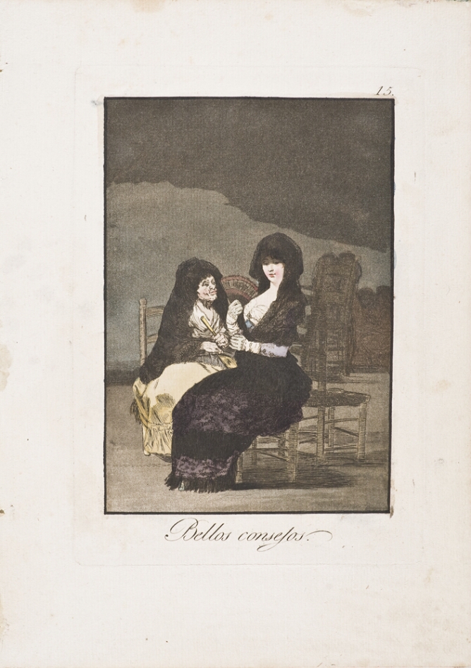 A color print of an older woman seated on a chair, facing a younger woman seated next to her