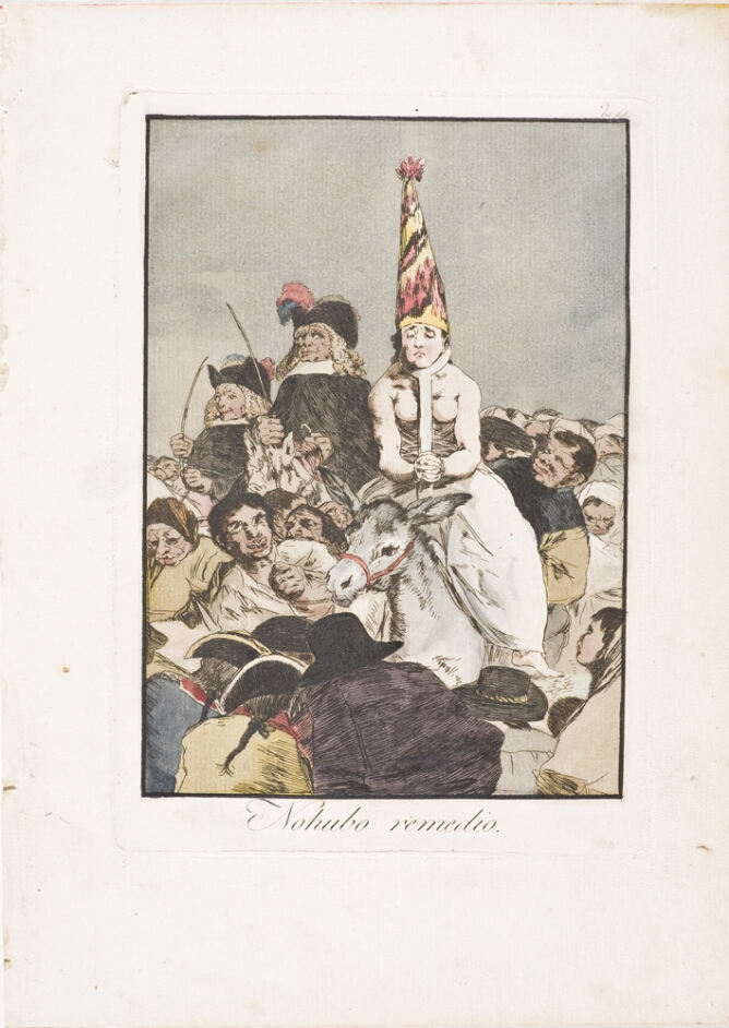 A color print of a figure wearing a conical hat, with hands clasped in front of them, their head restrained on a U-shaped stick, riding on a donkey through a crowd