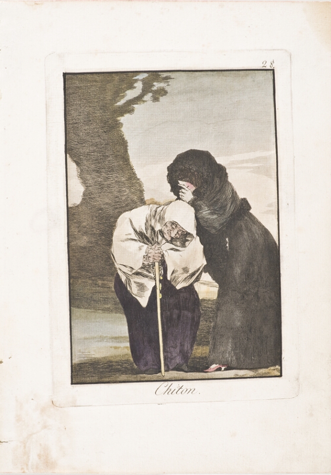 A color print of a hooded young woman confiding in a hunched older woman leaning on a walking stick