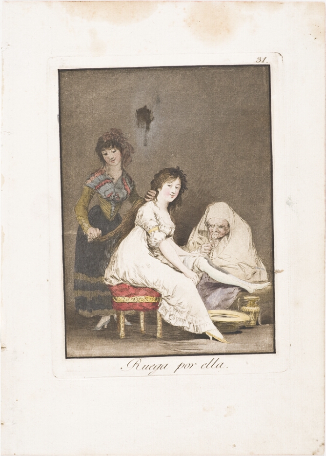 A color print of a young woman sitting with her leg on the lap of a seated older woman holding a rosary, while another woman combs her hair