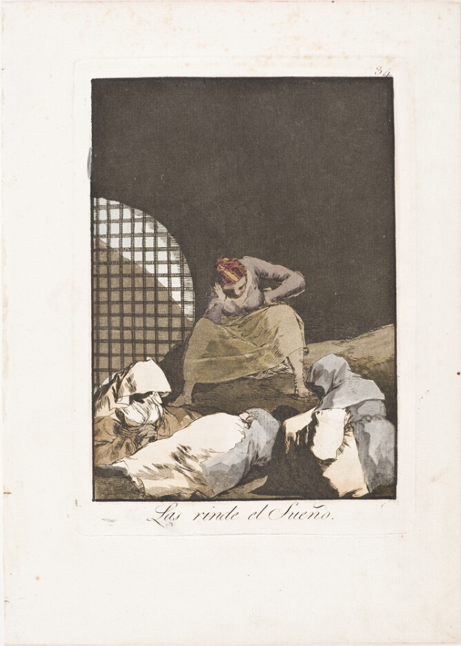 A color print of a group of women sleeping in a dark enclosure
