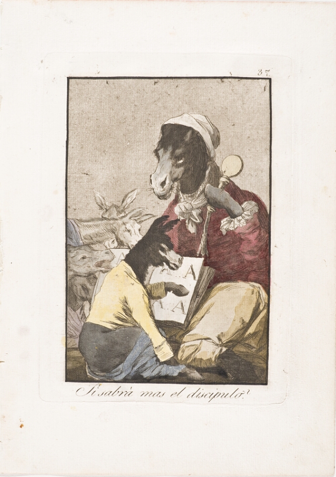 A color print of a clothed donkey sitting in front of a younger clothed donkey who points to an open book with the letter "A" repeated on its pages, while other animals watch