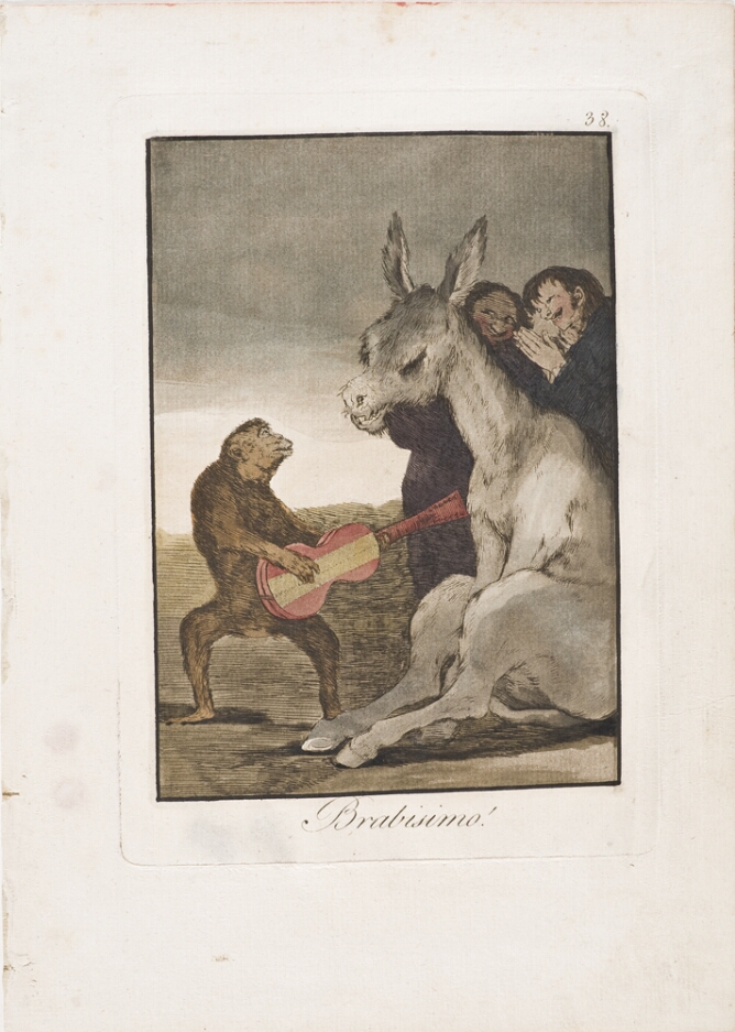 A color print of a standing monkey playing the guitar for a seated donkey and two figures