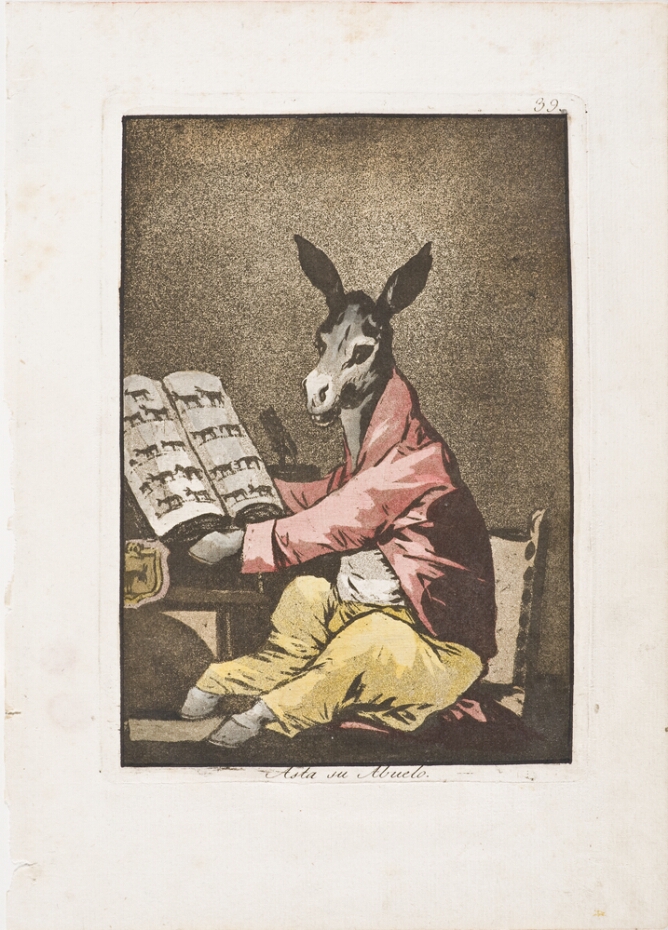 A color print of a sitting donkey wearing clothes, facing the viewer, and holding a book open to pages displaying animal pictures