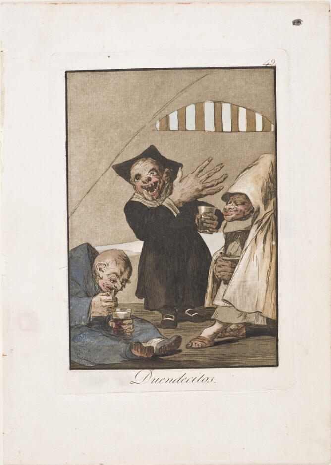 A color print of three clothed goblins sitting and standing with drinks in their hands. One goblin stands facing the viewer, raising the back of their disproportionately large hand