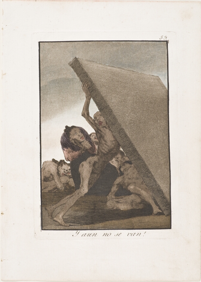 A color print of a nude skeletal figure trying to hold up a slab wall from falling on figures