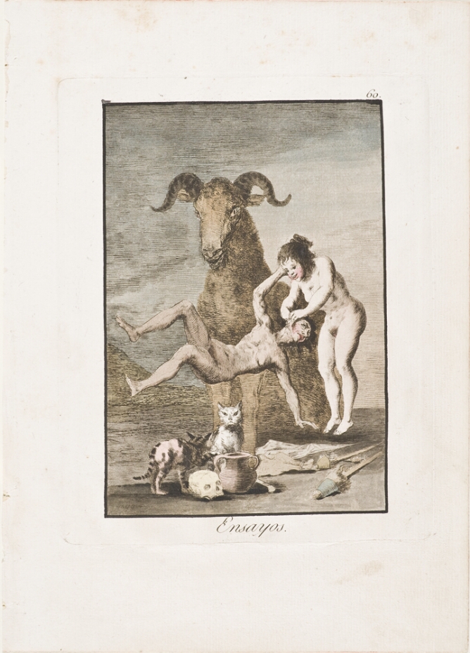 A color print of a levitating standing woman holding on to the ear of a man levitating on his side, with two cats, a pot and a skull below them. A large animal with curled antlers sits behind them