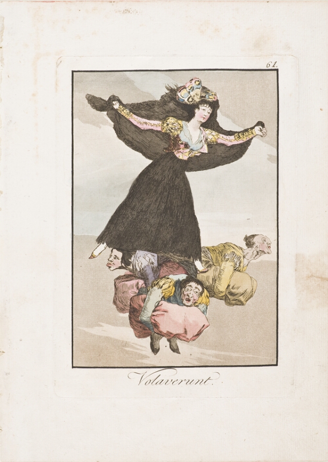 A color print of a woman flying, supported by crouched figures