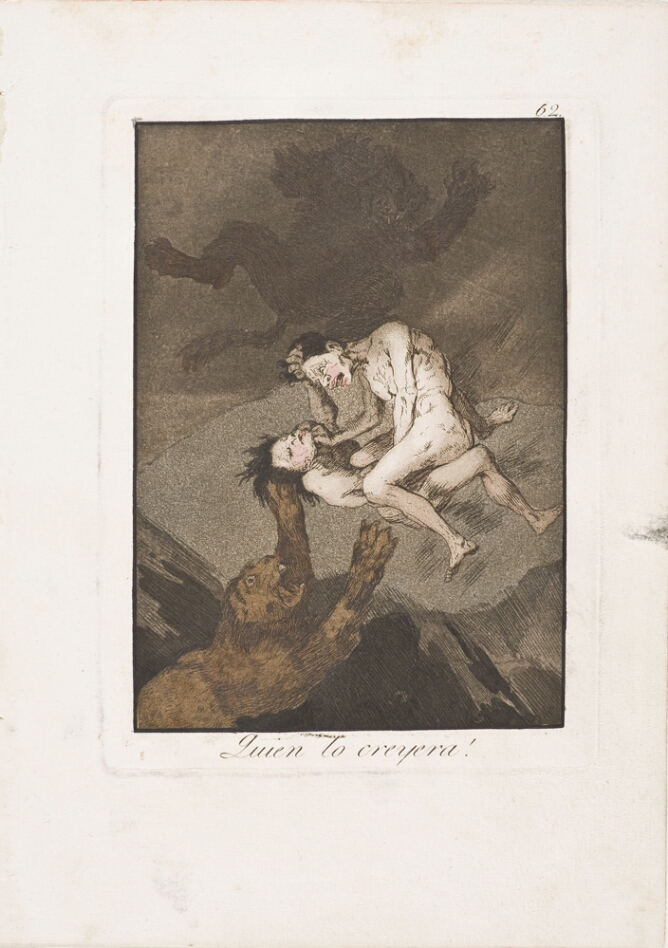 A color print of two nude women fighting in the air with two creatures