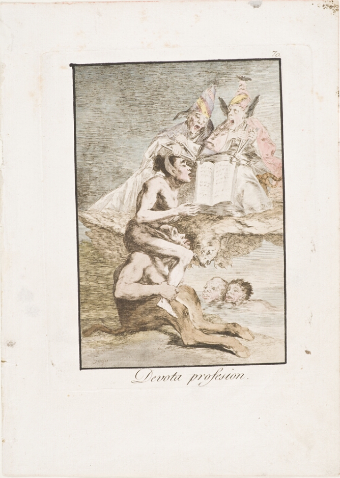 A color print of a figure with pointy ears on the shoulder of a seated figure with animal legs and a tail. Above them, two seated grotesque figures with conical hats hold an open book using pinching tools