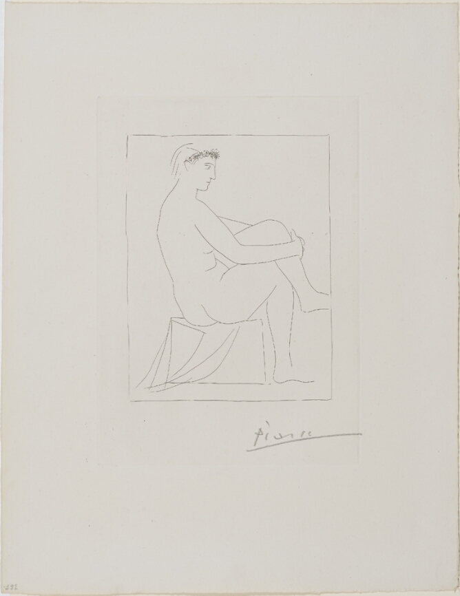 A black and white print of a nude figure sitting in profile, with legs crossed and wearing a flower crown