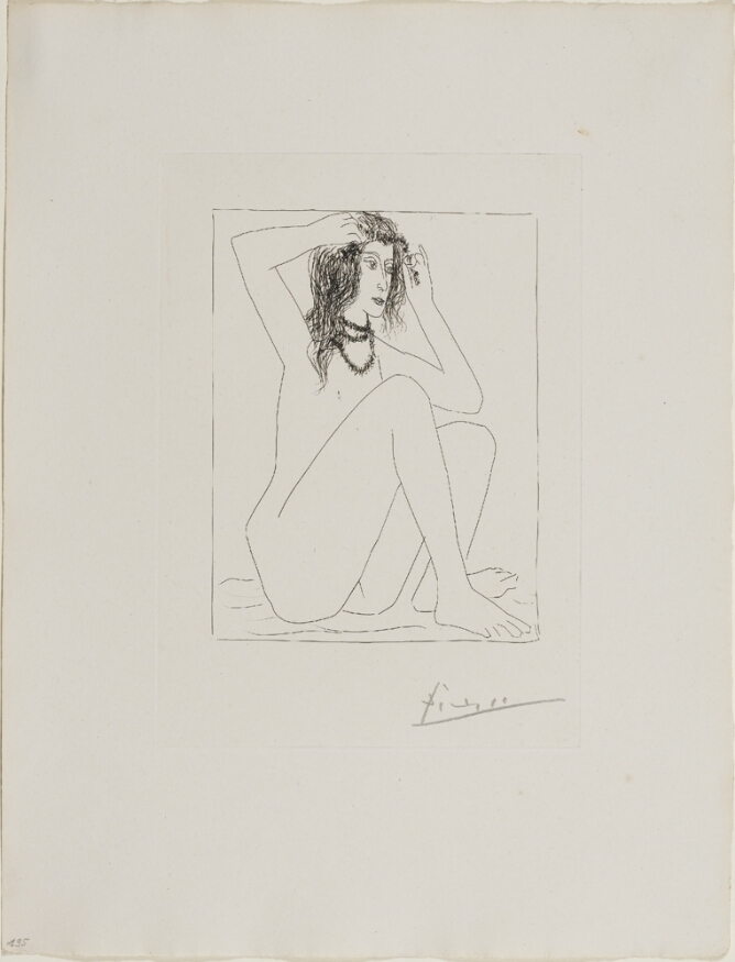 A black and white print of a nude woman sitting with knees bent, holding a flower garland at her forehead