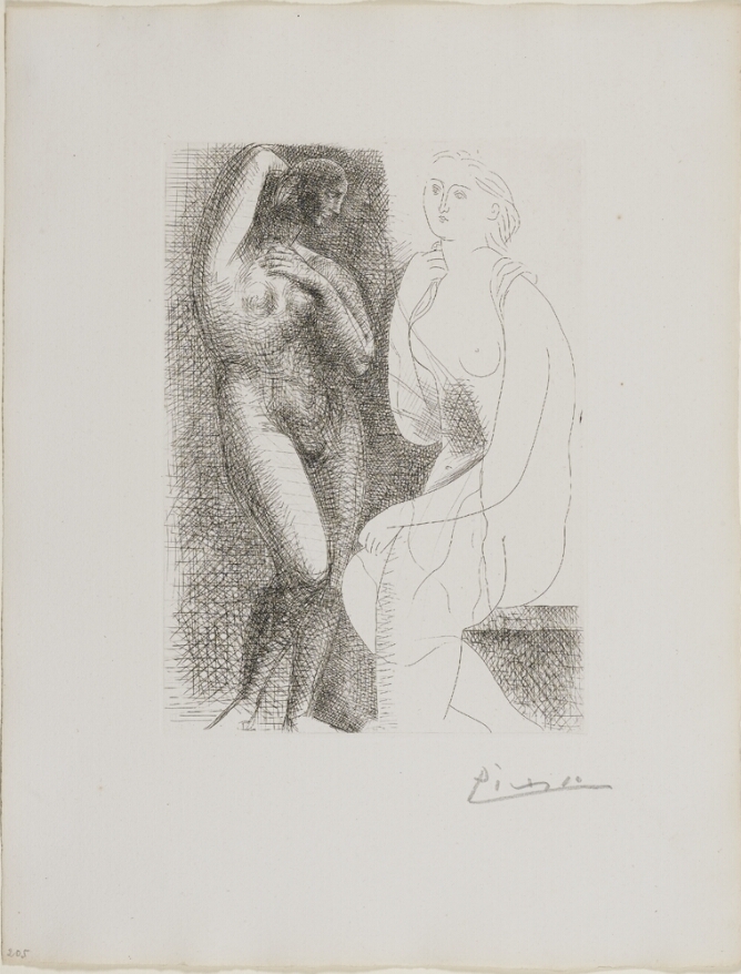 A black and white print of a nude woman sitting in front of a standing nude female statue. The statue is rendered with cross-hatched lines to create shading and texture