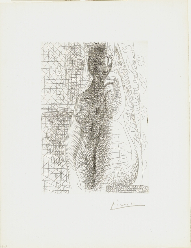A black and white print of a nude woman sitting with her head resting on her hand and elbow on a bent knee. She is rendered with stylized cross-hatched lines to create shading and texture