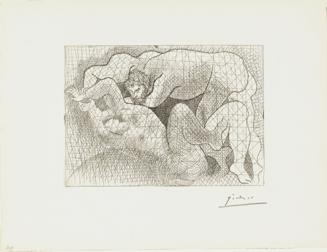 A black and white, dynamic abstract print of a nude man forcibly pinning down a nude woman. Cross-hatched lines cover the scene