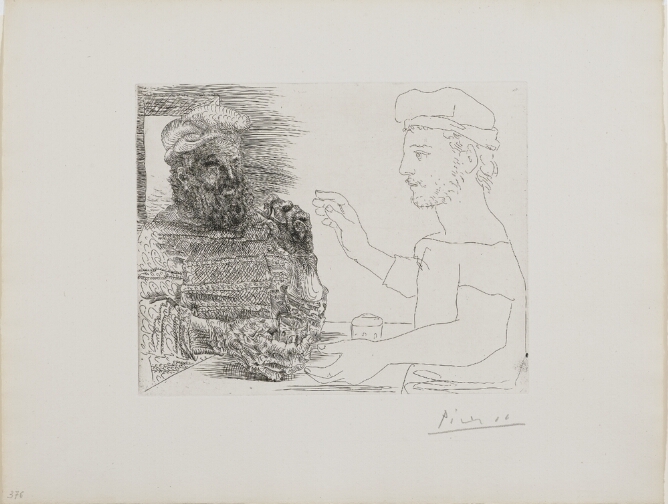 A black and white print of two men, shown from the waist up, sitting at a table. A man with a beard, on the viewer's left, is rendered in intricate detail and shading, while the man on the right is rendered with minimal line