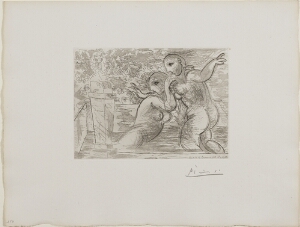 Suite Vollard, 1939, Paris: Bathers Taken Unawares (Two Nudes Bathing.  at Left, Sculptured Head and Head of Spectator)