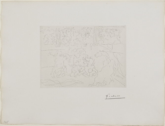 A black and white, abstract print of a bullfight with horses in an arena, with an audience watching from above